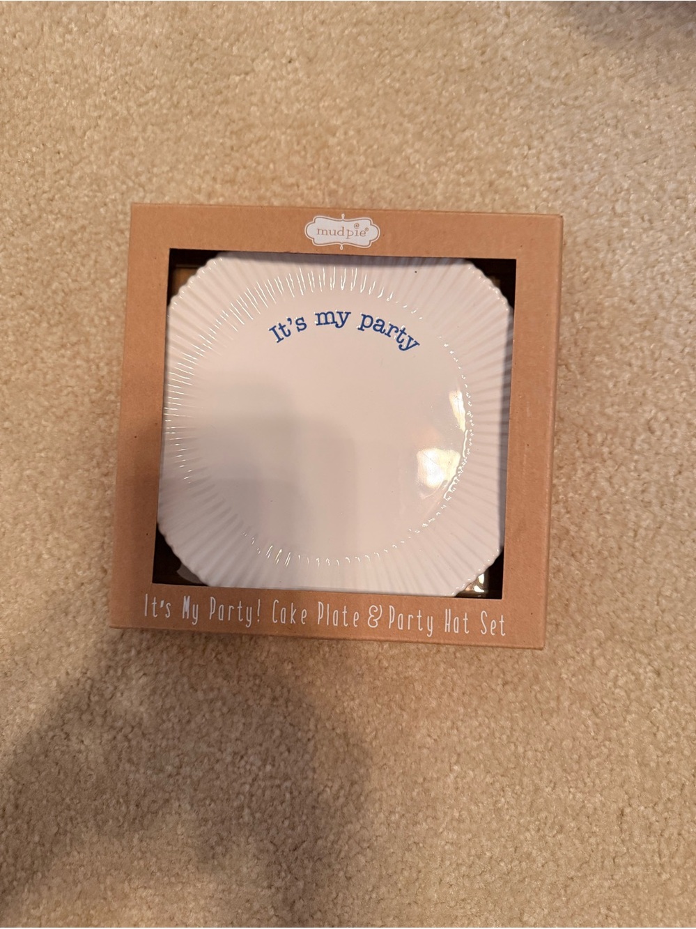 Mud Pie White "It's My Party" Cake Plate & Hat Set